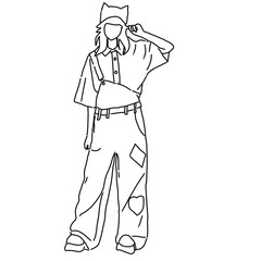 Fashionable Female in Denim Overalls and Button-Up Shirt Vector Art
​
