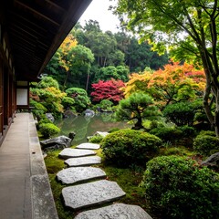 Obraz premium Tranquil Japanese garden with a stone path, pond, and colorful foliage