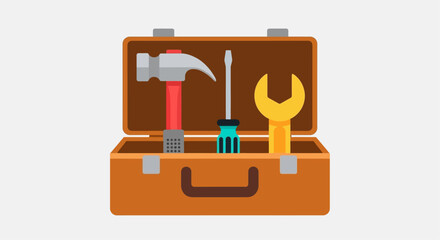 Open toolbox displaying a hammer screwdriver wrench and other tools