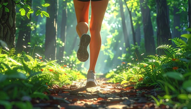 A jogger's legs are visible as they run through a sunlit forest path - Powered by Adobe