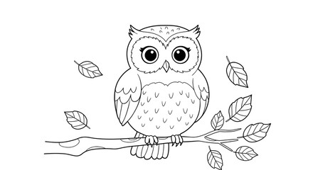 Fototapeta premium Adorable Owl Perched on Branch with Falling Leaves, Black and White Illustration