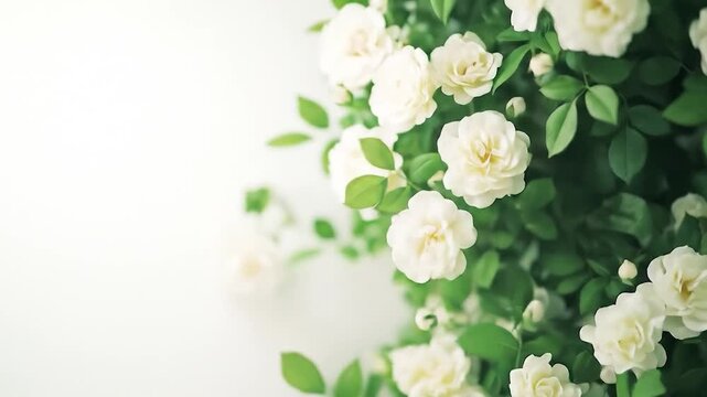 Fresh white rose blossoms with green leaves and copy space in soft light