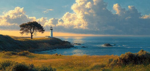 Serene coastal landscape at sunset with a lighthouse on a rocky cliff, a solitary tree, calm ocean waters, and dramatic cloud formations in a golden light