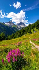 Sunny landscape with flowering plants, mountains, path, and blue sky