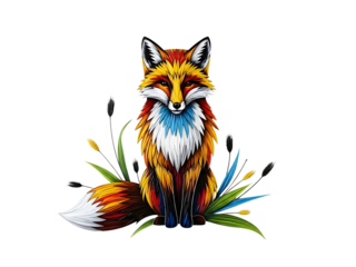 Elegant fox sitting in grass — detailed nature illustration for wildlife art, animal design, and fantasy decor themes