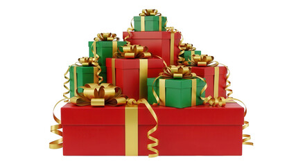 A large stack of festive red and green christmas gift boxes tied with gold ribbon and streamers on a black background
