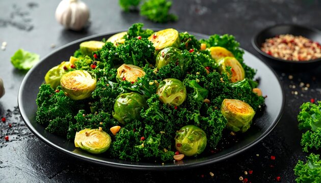A close-up shot of a healthy salad with kale and Brussels sprouts