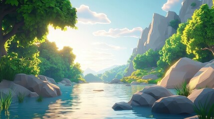 serene river flowing through lush green trees and rocky mountains under a bright blue sky with scattered clouds at sunrise or sunset