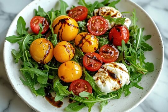 Fresh salad with green arugula leaves, yellow and red cherry tomatoes, fresh mozzarella cheese, and balsamic glaze drizzle on a white plate