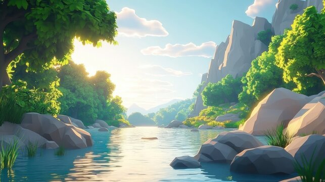 serene river flowing through lush green trees and rocky mountains under a bright blue sky with scattered clouds at sunrise or sunset