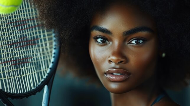 close-up portrait of a confident young woman with natural afro hair holding a tennis racket and looking directly at the camera with focused expression - Powered by Adobe