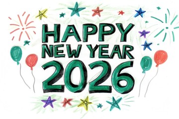 Colorful Happy New Year 2026 with Fireworks Hand Drawn Lettering Art for Festive Background and Celebration Concept Design