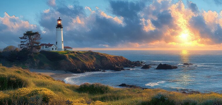 sunset over a coastal lighthouse on a rocky cliff surrounded by vibrant wildflowers and calm ocean waves with a dramatic cloudy sky - Powered by Adobe