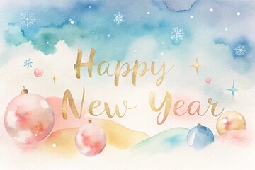 Watercolor Hand Drawn Happy New Year Illustration with Pastel Colors and Festive Elements for Greeting Cards
