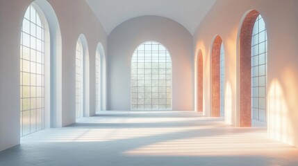 Fototapeta premium Bright spacious empty room with tall arched windows casting soft natural light and long shadows on smooth floor, creating calm welcoming atmosphere