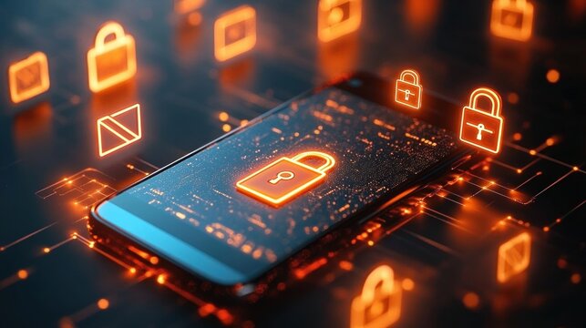 Digital smartphone with glowing orange padlock icons symbolizing data security and protection in a futuristic cyber environment