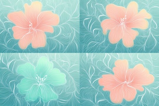 Four abstract flowers with delicate swirling line patterns in shades of peach and mint green on a teal background conveying a sense of calm and flow