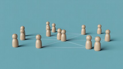 Wooden figures connected by lines illustrating social network and community
