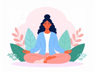 Meditating woman surrounded by lush leaves on a calm day promoting relaxation and mindfulness