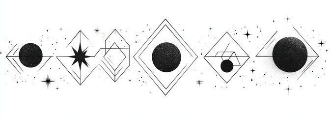 Abstract black and white geometric shapes with circles, stars, and lines creating a cosmic and futuristic pattern on a white background