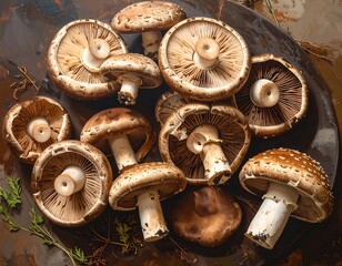 Assortment of mushrooms, some turned to show gills, scattered on a dark, textured surface