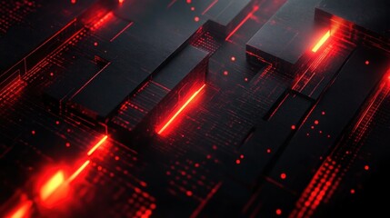 abstract digital landscape composed of black rectangular blocks illuminated by glowing red light lines and scattered red particles evoking a futuristic and high-tech atmosphere