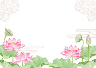 蓮 花 極楽浄土 アーユルヴェーダ　背景 フレーム　水彩 イラスト