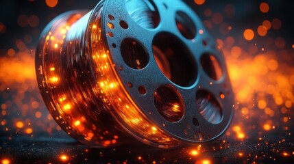 Close-up of a film reel with glowing orange lights and sparks in a dark setting creating a warm and nostalgic atmosphere