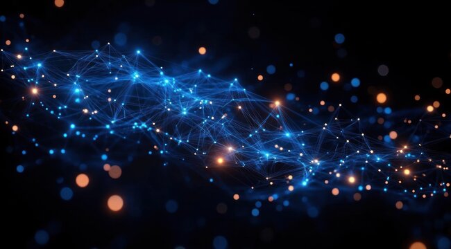 Abstract network of interconnected blue glowing nodes and lines with scattered orange and blue bokeh lights on a dark background, representing digital connectivity or data flow