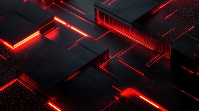 abstract black geometric shapes illuminated with glowing red neon light lines and particles creating a futuristic high-tech atmosphere