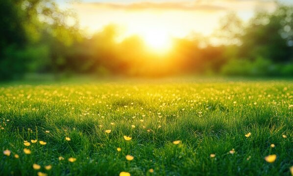 Sunrise casting warm golden light over a lush green meadow dotted with small yellow flowers and surrounded by blurred trees