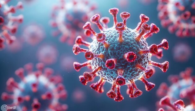 Close-up 3D illustration of a virus particle with red spike proteins against a blue blurred background