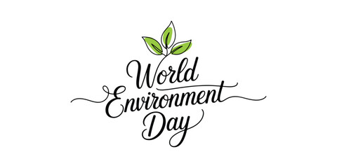 Typography illustration for World Environment Day featuring elegant handwritten lettering with green leaves. Perfect for eco campaigns, Earth Day posters, and environmental protection design projects.