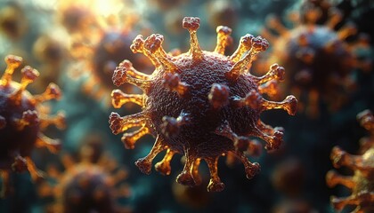 Close-up view of spherical virus particles with spike-like structures illuminated by warm light in a dark environment, representing viral infection at microscopic level