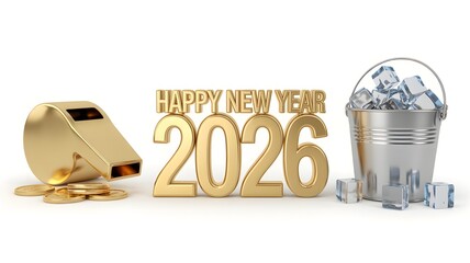 Golden whistle coins 2026 year and ice bucket on white background Keywords: 2026, new year, happy