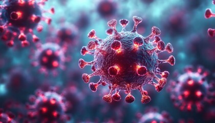 Close-up 3D rendering of multiple coronavirus particles with spike proteins glowing in red and blue hues, symbolizing viral infection and microscopic view