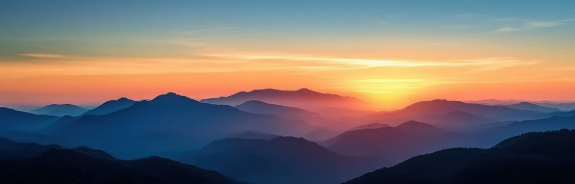 Panoramic view of layered mountain ranges at sunrise with warm orange and blue hues creating a peaceful and majestic atmosphere - Powered by Adobe