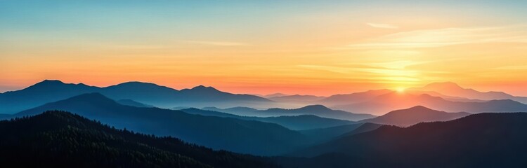 Calm panoramic view of layered mountain ranges at sunrise with warm orange and cool blue hues creating a peaceful and serene atmosphere