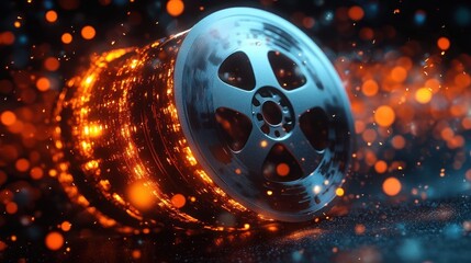 Close-up of a glowing film reel with vibrant orange and blue light bokeh floating around it, evoking a sense of cinematic magic and nostalgic creativity