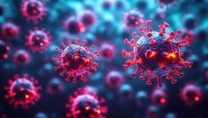 Close-up digital illustration of multiple spherical virus particles with spike proteins glowing red against a blue blurred background