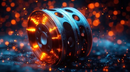 Close-up of a metallic film reel glowing with vibrant orange lights surrounded by scattered warm bokeh effects creating a cinematic and nostalgic atmosphere