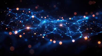 Abstract digital network with interconnected glowing blue nodes and lines creating a dynamic web on a dark background with scattered orange light particles