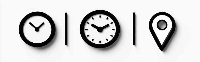 Two black clock icons showing different times separated by vertical lines and a black map location pin icon on a white background casting shadows