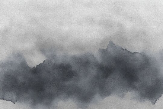 Abstract monochrome watercolor painting resembling misty mountains or foggy landscape with soft gradients of black and gray