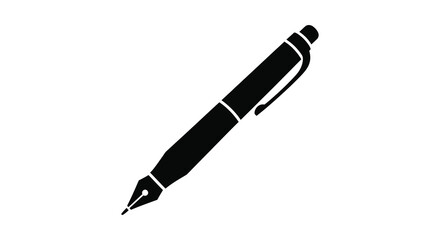 Black silhouette of a classic fountain pen with a nib and clip on a white background