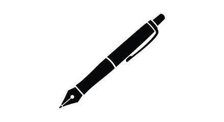 Stylized black silhouette of a modern fountain pen with a pointed nib and clip against a white background