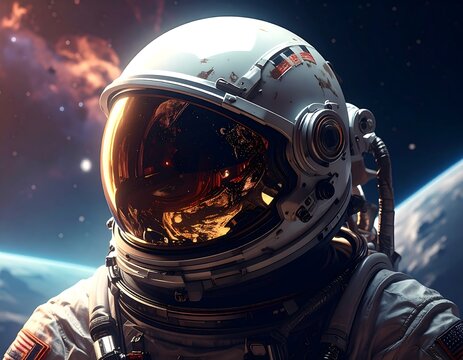 Astronaut's reflective helmet mirrors a starry galaxy and distant planet view