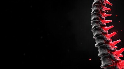 Vertebral Anatomy: A detailed, close-up view highlights the intricate structure of a vertebral column, with its stacked bony vertebrae and interconnected structure. The spine glows with color.