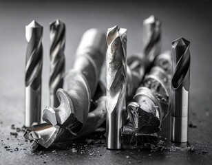 Assorted metal drill bits and shavings, arranged on dark surface, close-up, neutral lighting