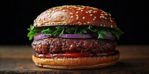Close-up of a juicy hamburger with sesame seed bun, fresh lettuce, purple onion slices, thick beef patty, and ketchup on a wooden surface against black background